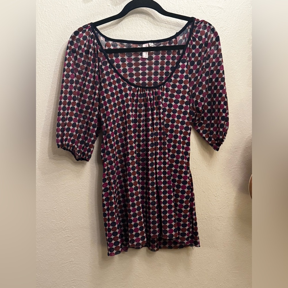 Anthropologie ~ Sweet Pea Black and Purple Polka Dot Blouse Excellent Condition
